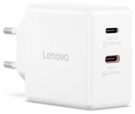 Ein weißer Lenovo USB-Ladegerät mit zwei USB-C-Anschlüssen. Der obere Anschluss ist mit ‚18W MAX' und der untere mit ‚65W MAX' gekennzeichnet.