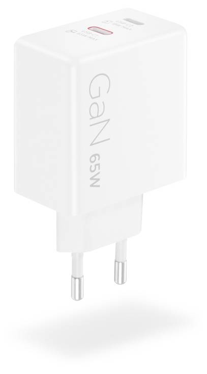 Ein weißer GaN 65W USB-C-Ladegerät mit zwei runden Stiften wird gezeigt, der ein kompaktes Design aufweist. Es zeigt den Text '65W' prominent an.