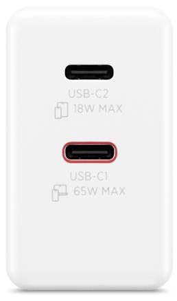 Ein weißer Dual-Port-USB-Ladegerät mit zwei USB-C-Anschlüssen: 'USB-C2' gekennzeichnet für maximal 18W und 'USB-C1' in Rot hervorgehoben für maximal 65W.