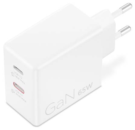 Weißer GaN 65W USB-C Wandladegerät mit zwei Anschlüssen, beschriftet mit ‚USB-C 65W MAX' und ‚USB-A 60W MAX'. Ausgestattet mit europäischen Steckdosenadaptern.