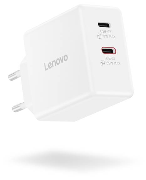 Weißer Lenovo USB-Ladegerät mit zwei Anschlüssen: 'USB-C2 18W MAX' und 'USB-C1 65W MAX'. Der Stecker verfügt über zwei runde Stifte.