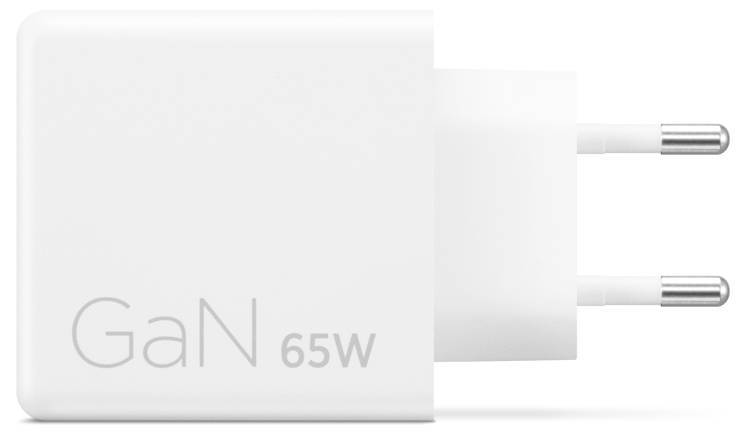 Ein weißer GaN 65-W-Netzteil mit zwei runden Stiften, entwickelt für effizientes und kompaktes Laden.