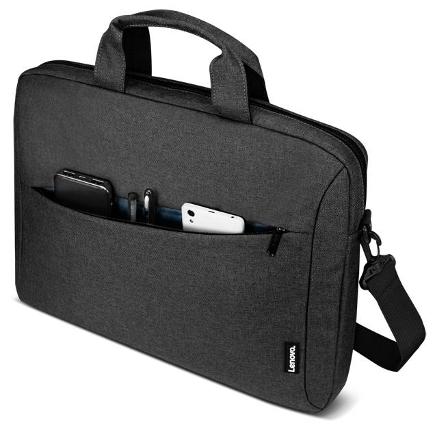 Eine schwarze, weiche Laptoptasche mit Griffen und einem Schulterriemen. Die vordere Reißverschlusstasche ist geöffnet und zeigt Geräte und Zubehör im Inneren.