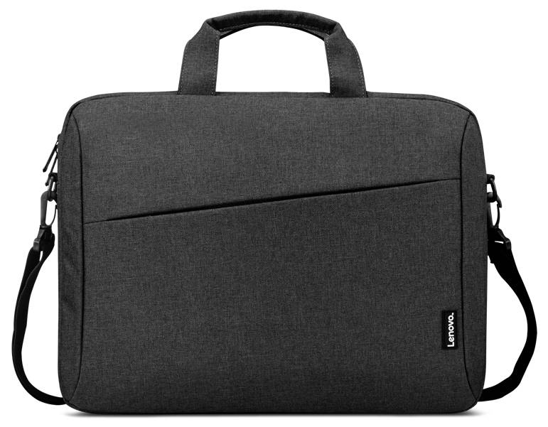 Eine graue Lenovo-Laptoptasche mit Schultergurt und Tragegriffen. Die Tasche hat ein schlankes Design mit einer diagonalen Fronttasche.