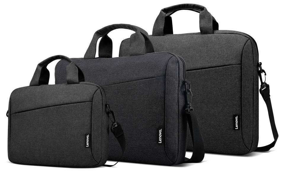 Drei schwarze Lenovo-Laptoptaschen in unterschiedlichen Größen, nebeneinander angeordnet; jede verfügt über einen Griff und einen Schultergurt, geeignet für verschiedene Laptop-Abmessungen.