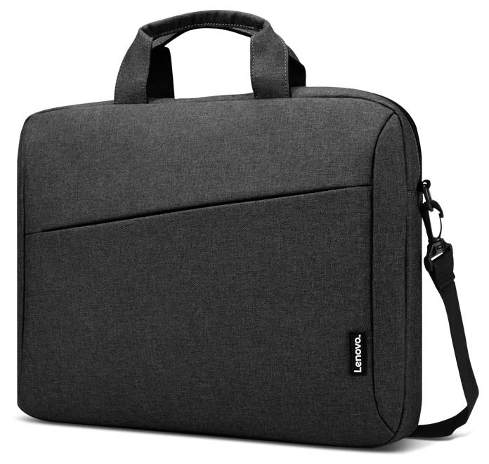 Eine schwarze Laptoptasche mit Griff und Schultergurt. Sie verfügt über einen Reißverschluss und ein kleines Markenlogo auf der Vorderseite.