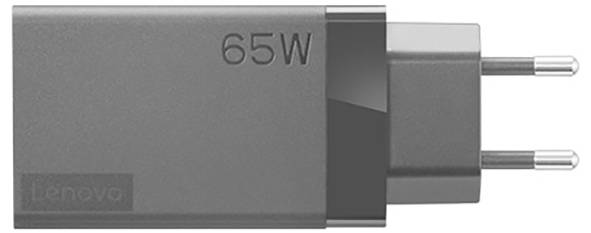 Ein schwarzes 65-W-Lenovo-Netzteil mit zwei Stiften zum Einstecken in eine Steckdose.
