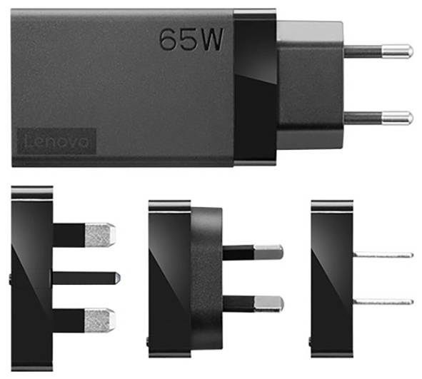 Lenovo 65W USB-C Ladegerät mit auswechselbaren Steckern für verschiedene Regionen, einschließlich EU-, UK- und US-Steckertypen.