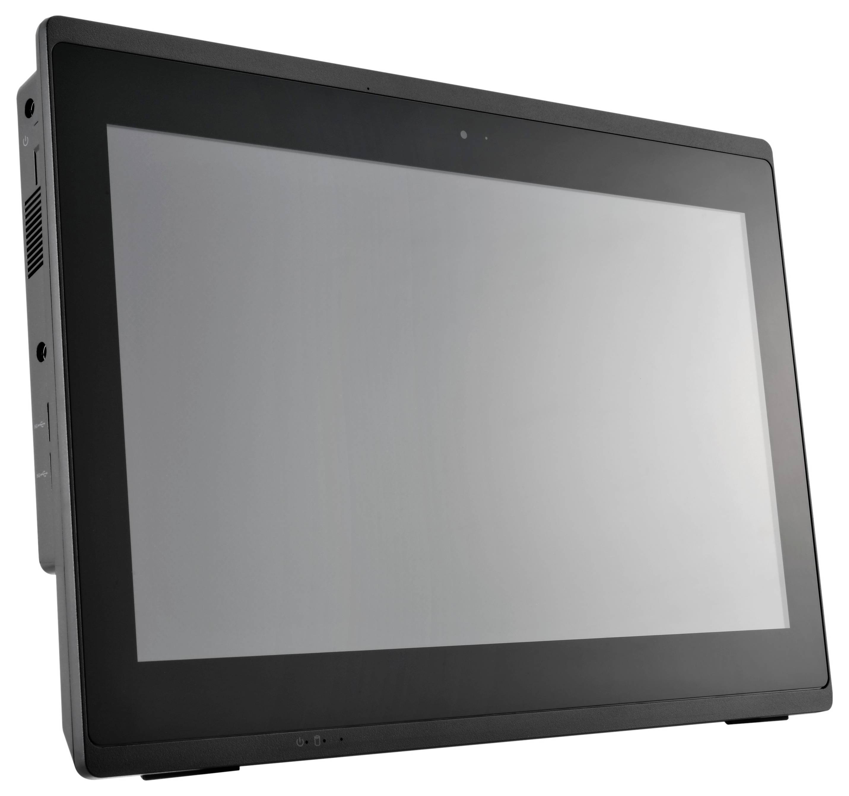 Ein dunkelgrauer, breiter Monitor mit reflektierender Bildschirmoberfläche, vor einem neutralen Hintergrund, leicht zur Seite geneigt.