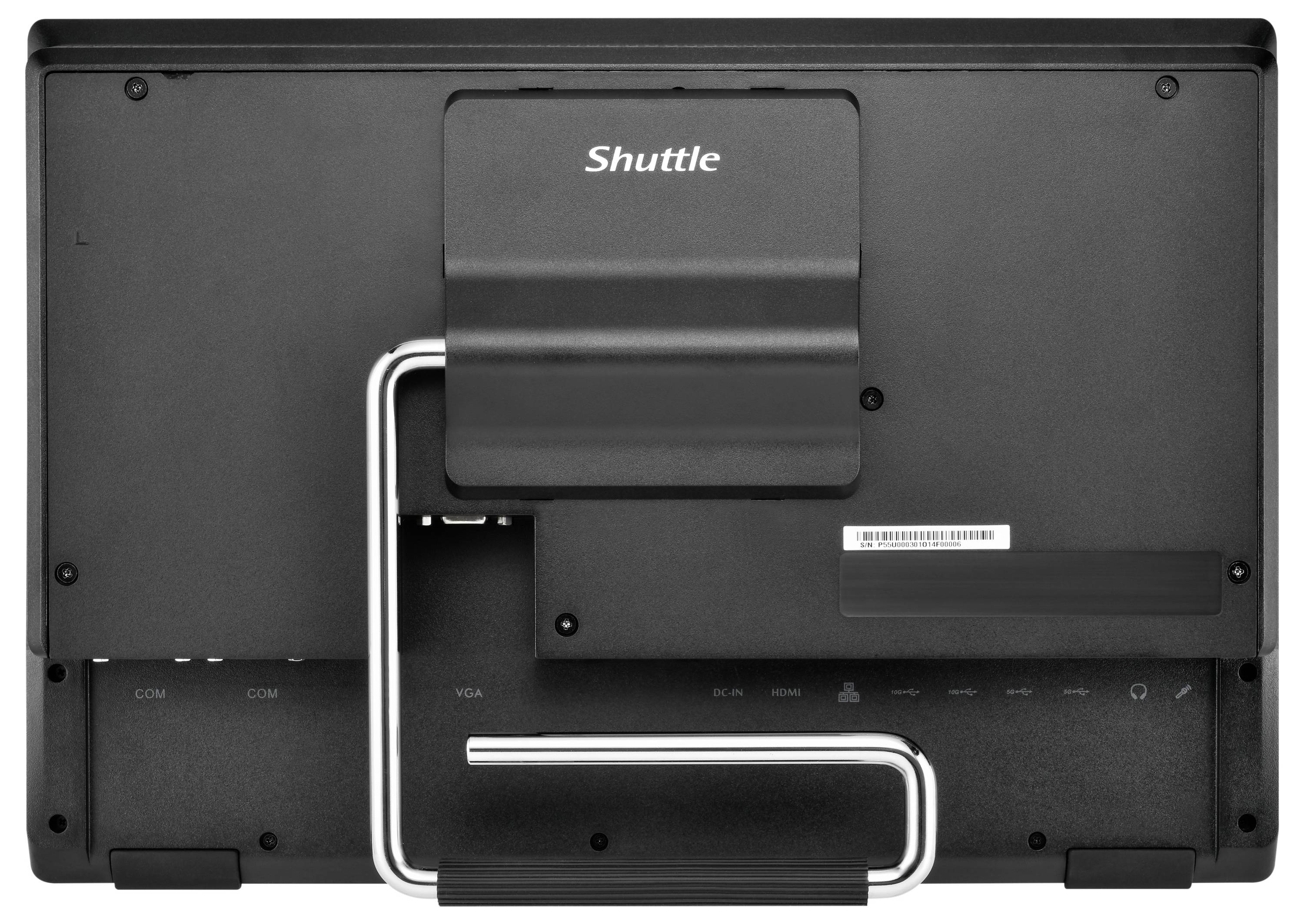 Rückansicht eines Shuttle All-in-One-Computers, die Anschlüsse und einen Ständer mit Kabelmanagement-Design zeigt.