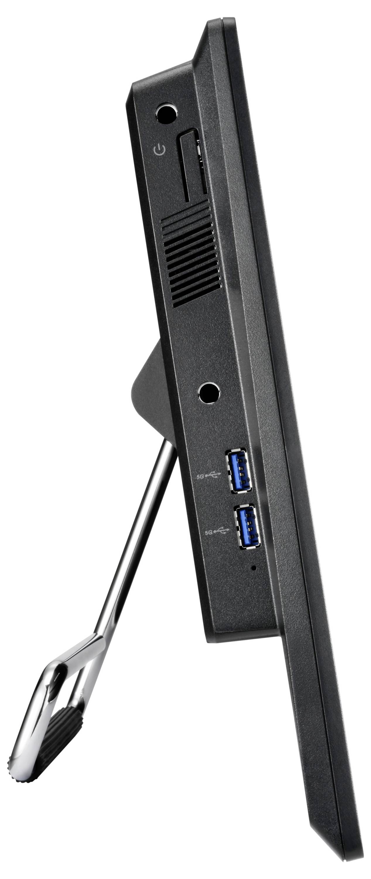 Seitenansicht eines schwarzen Computermonitors mit Standfuß, der Einschaltknopf, USB-Anschlüsse und Belüftungsschlitze zeigt.