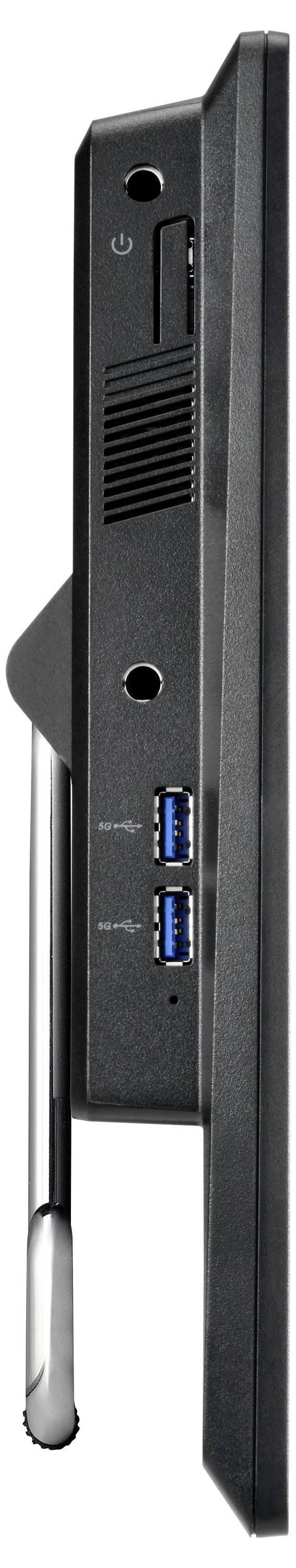 Seitenansicht eines schwarzen Monitors oder Computerbildschirms mit Einschaltknopf, Lüftungsschlitzen, zwei USB-Anschlüssen und einem metallfarbenen Ständer.