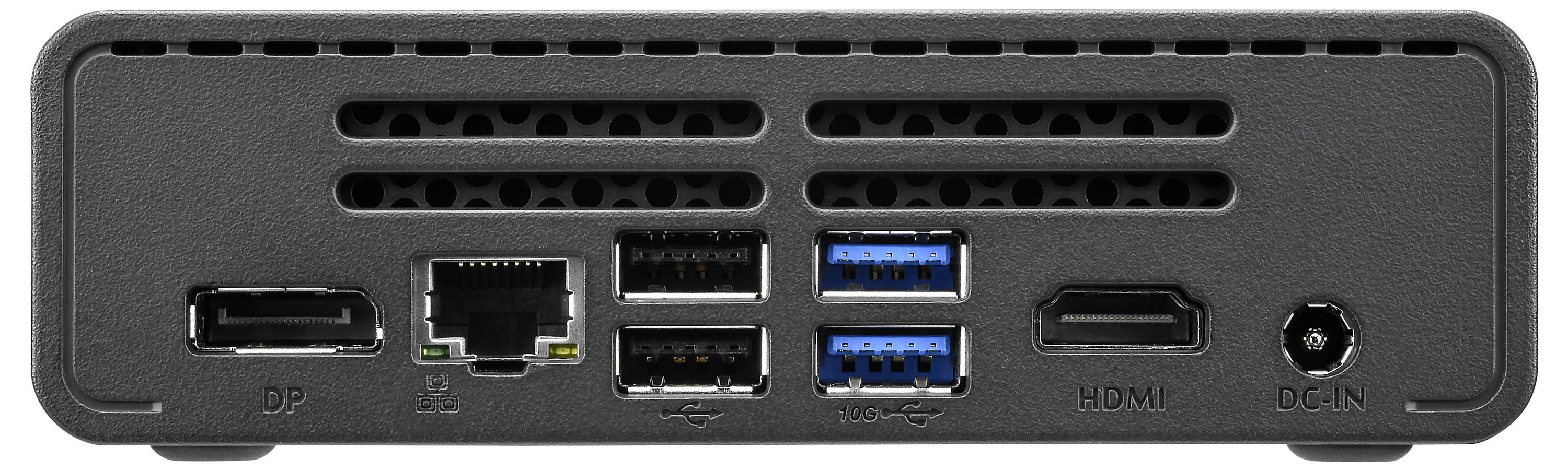 Das Bild zeigt die Rückseite eines Computergeräts mit Anschlüssen wie DP, LAN, drei USB-Anschlüssen, HDMI und einem Stromeingang.