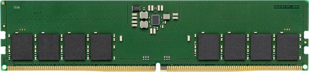 Eine grüne Computer-RAM-Platine mit mehreren schwarzen Speicherchips und einer Reihe von Goldkontakten am unteren Rand.