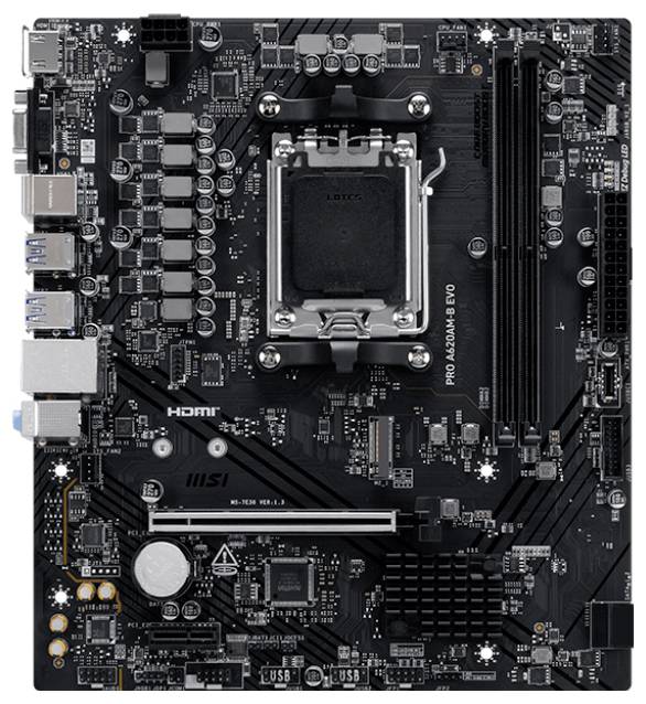 Eine schwarze Computerplatine mit einem CPU-Sockel, mehreren Steckplätzen für RAM, einem HDMI-Anschluss und verschiedenen Anschlüssen für Peripheriegeräte und Komponenten.