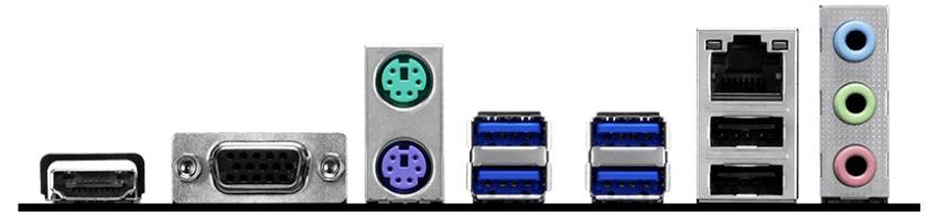 Eine Vielzahl von Computeranschlüssen, darunter HDMI, VGA, PS/2, USB 3.0, Ethernet und Audiobuchsen, in einer Reihe auf der Rückseite eines Computers angeordnet.