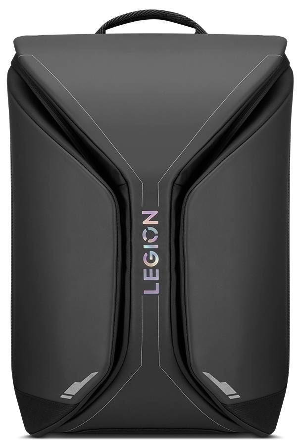 Ein schlanker schwarzer Rucksack mit geometrischen Designelementen und dem Wort ‚LECION' in bunten Buchstaben, das sich mittig entlang zieht.