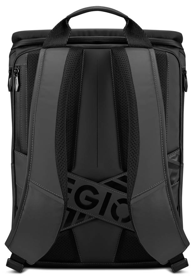 Ein schwarzer Rucksack mit gepolsterten Schultergurten und Tragegriff, mit elegantem Design, verborgenen Reißverschlüssen und dezenter Markierung.