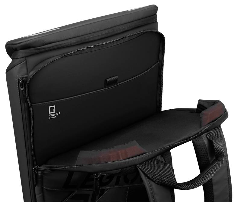 Ein offener schwarzer Laptop-Rucksack, der mehrere Fächer und Stauraummöglichkeiten zeigt und seine Geräumigkeit und übersichtliche Anordnung hervorhebt.