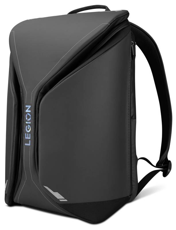 Schwarzer Rucksack mit einem eleganten, kantenreichen Design, auf dessen Seite der Markenname 'Legion' in Blau aufgedruckt ist.