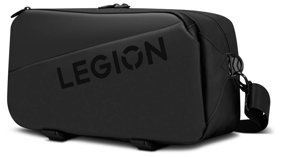 Schwarze Reisetasche mit 'LEGION' Logo, ausgestattet mit einem robusten Riemen und elegantem Design, ideal für die Mitnahme von Grundbedarf.