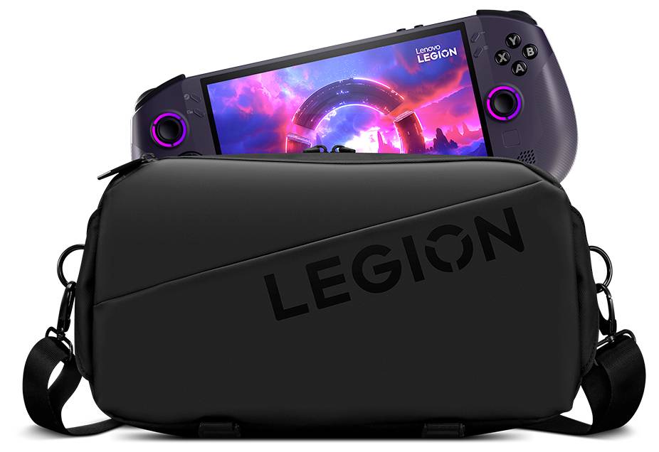 Ein tragbares Spielgerät, das eine lebendige digitale Landschaft zeigt, teilweise verdeckt durch eine schwarze Hülle mit dem Aufdruck 