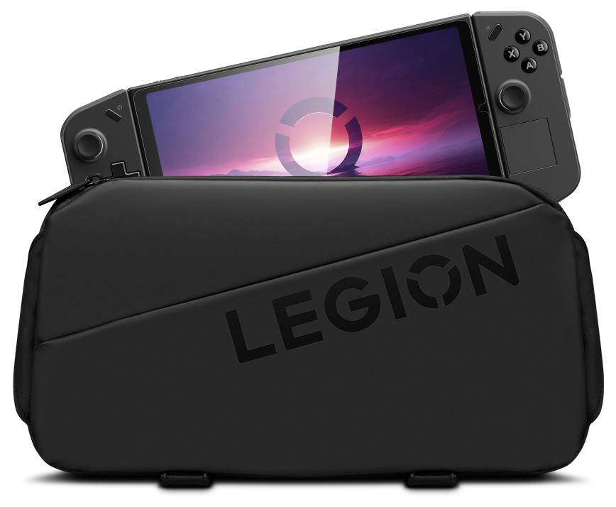 Ein tragbares Spielgerät mit einem Bildschirm, der einen Sonnenuntergang und ein kreisförmiges Logo zeigt, das teilweise in einem schwarzen Schutzgehäuse mit der Aufschrift „LEGION