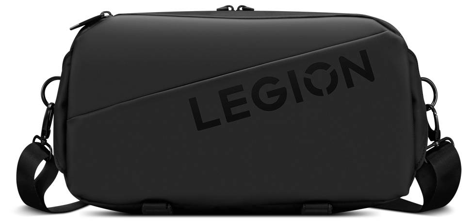 Eine schlanke, schwarze Umhängetasche mit dem Schriftzug 'LEGION' in fetten Buchstaben auf der Vorderseite. Die Tasche verfügt über ein diagonales Design und einen verstellbaren Trageriemen.