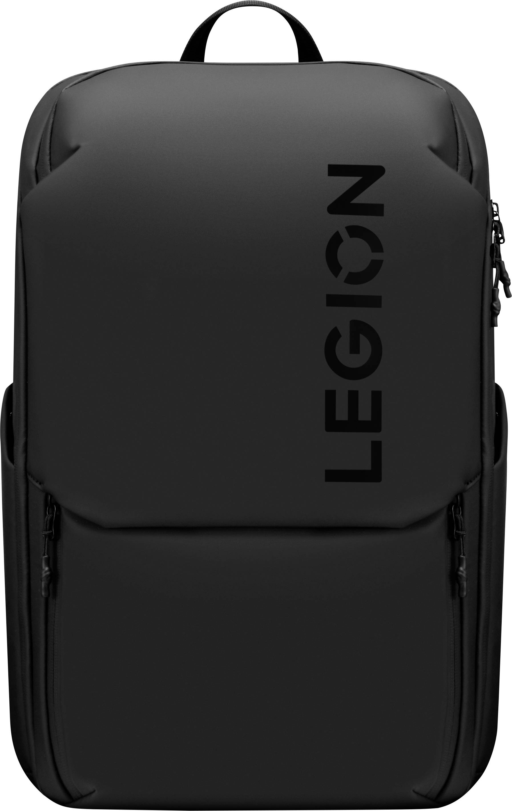 Ein schwarzer Rucksack mit dem Wort 'LEGION', vertikal auf der Seite gedruckt. Er verfügt über mehrere Fächer und ein schlankes, modernes Design.