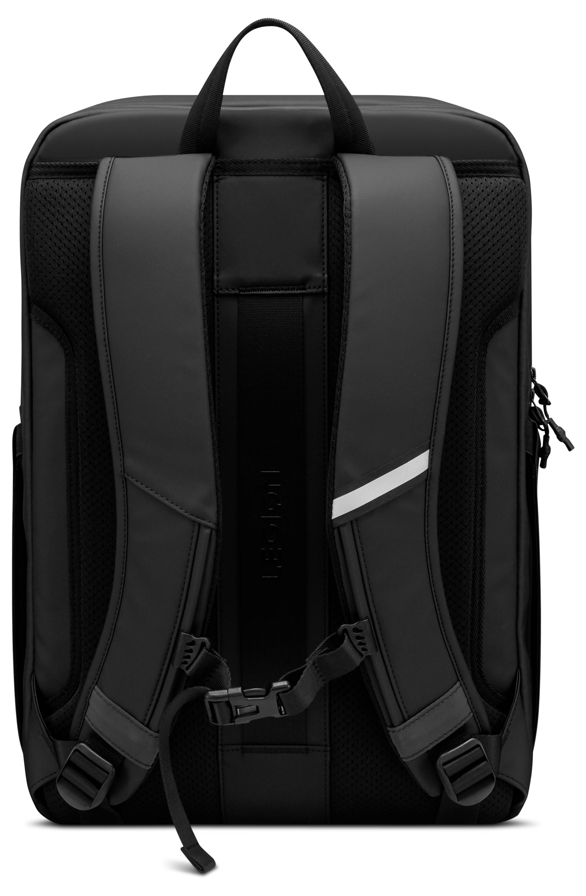 Ein schwarzer Rucksack mit Schultergurten, Tragegriff oben und Seitenreißverschlüssen, konzipiert für Reisen oder den täglichen Gebrauch.