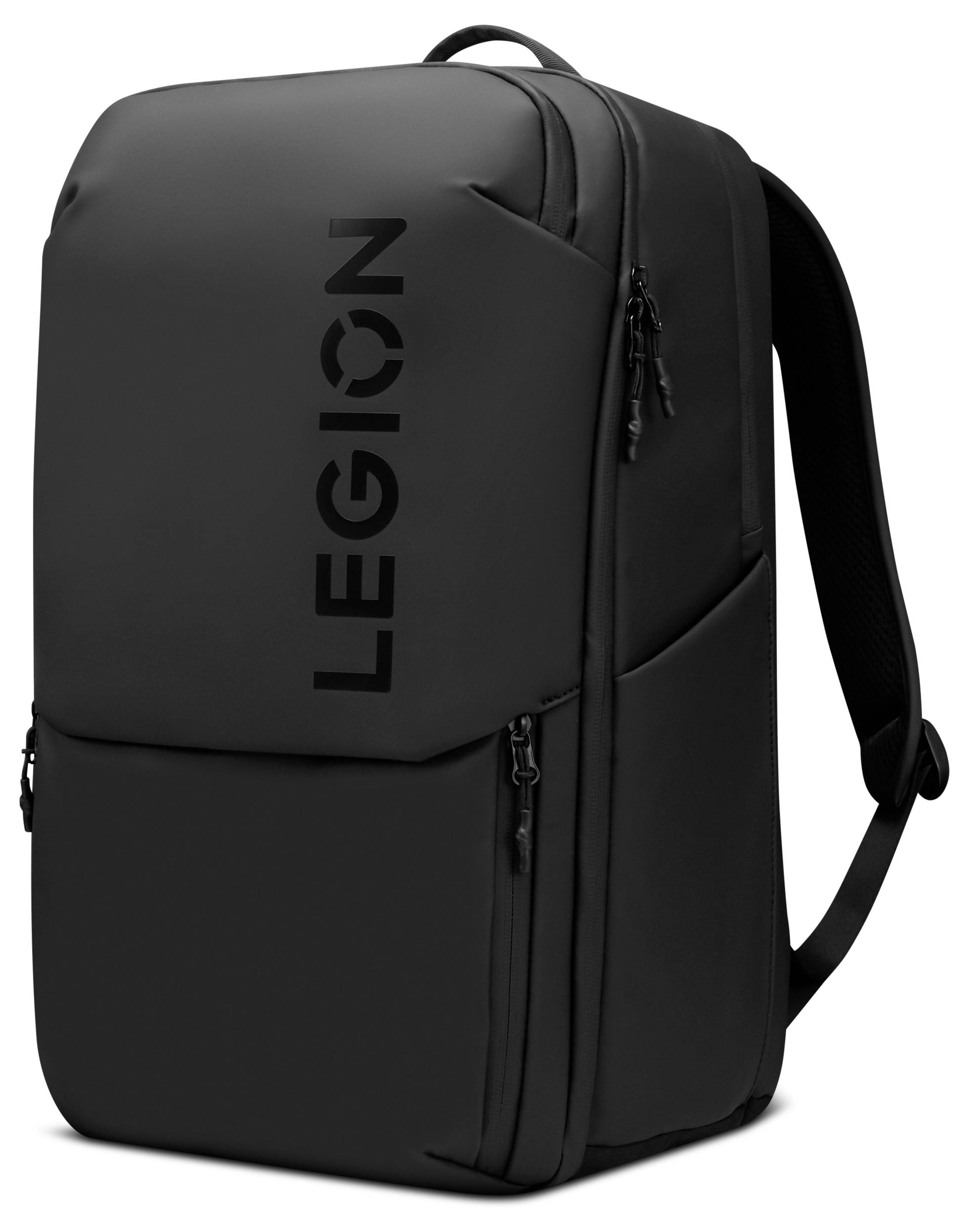 Schwarzer Rucksack mit dem Schriftzug 'LEGION' in fetten Buchstaben auf der Vorderseite, ausgestattet mit einem eleganten Design, einer Reißverschlusstasche vorne und gepolsterten Trägern für optimalen Tragekomfort.