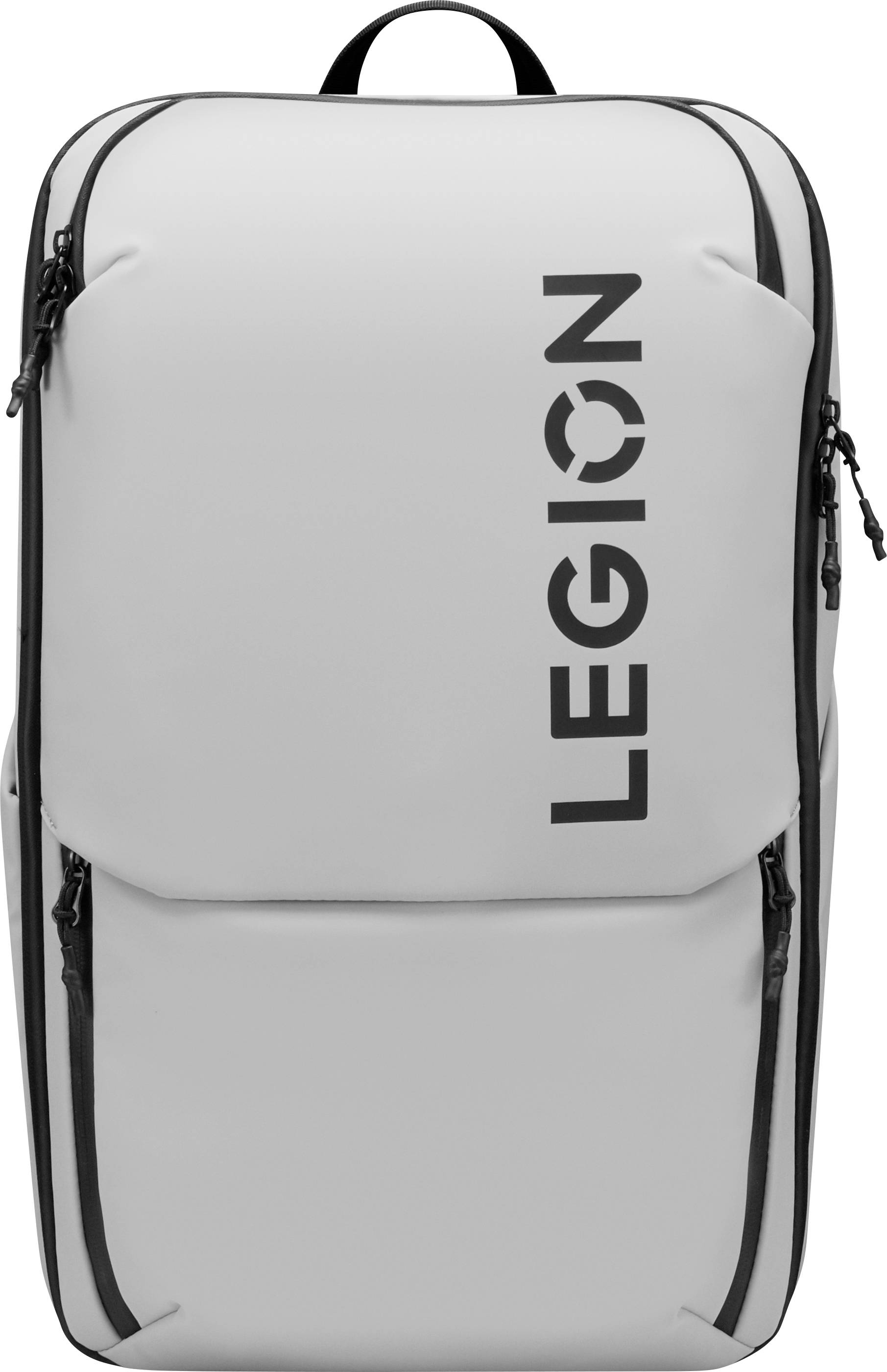 Ein grauer Rucksack mit elegantem Design, auf dem vorne das Wort 'LEGION' in fetten schwarzen Buchstaben prangt.