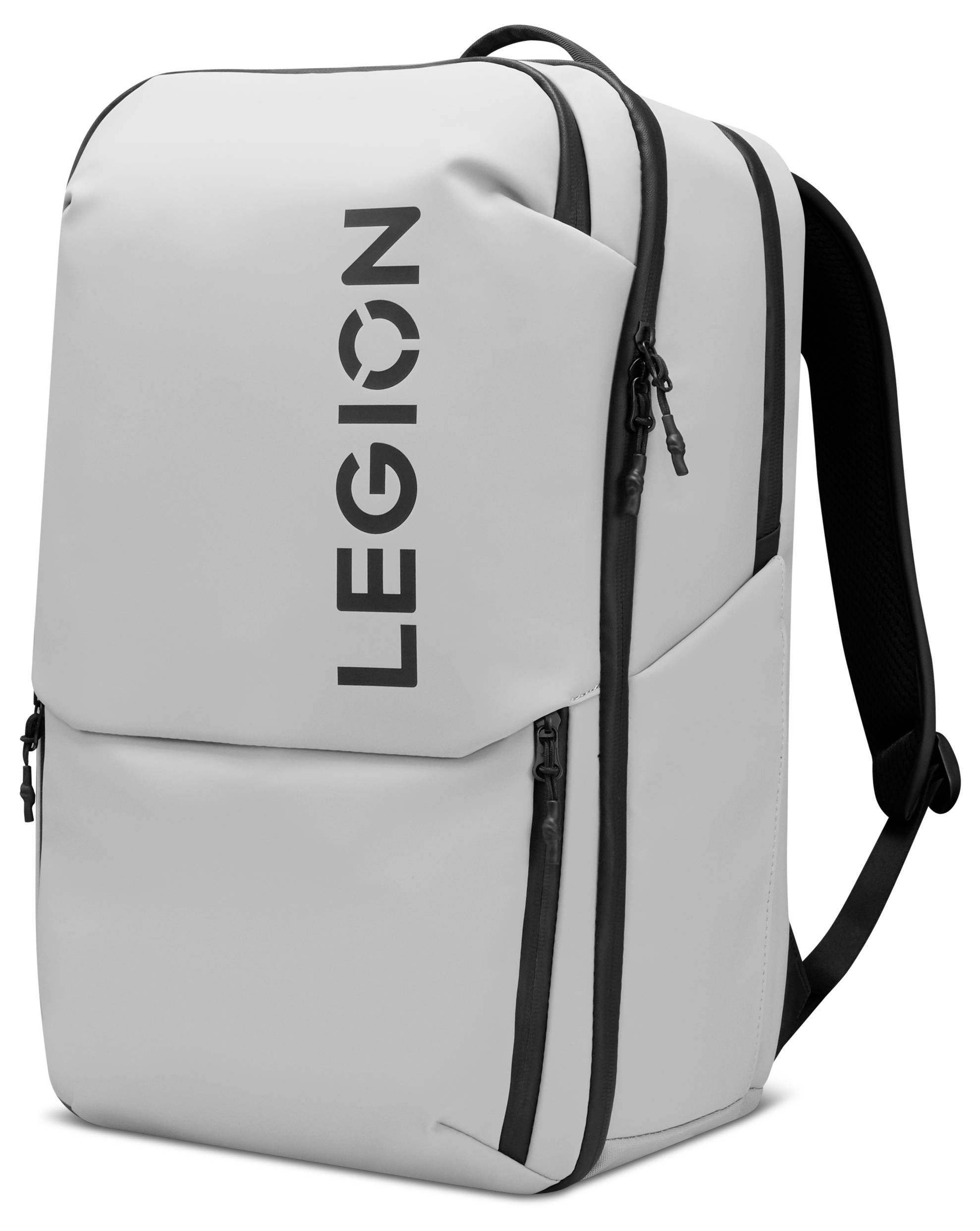 Ein grauer Rucksack mit dem senkrecht auf der Vorderseite gedruckten Schriftzug 'LEGION', ausgestattet mit mehreren Reißverschlüssen und verstellbaren Schultergurten. Geeignet zum Transportieren von Laptops.