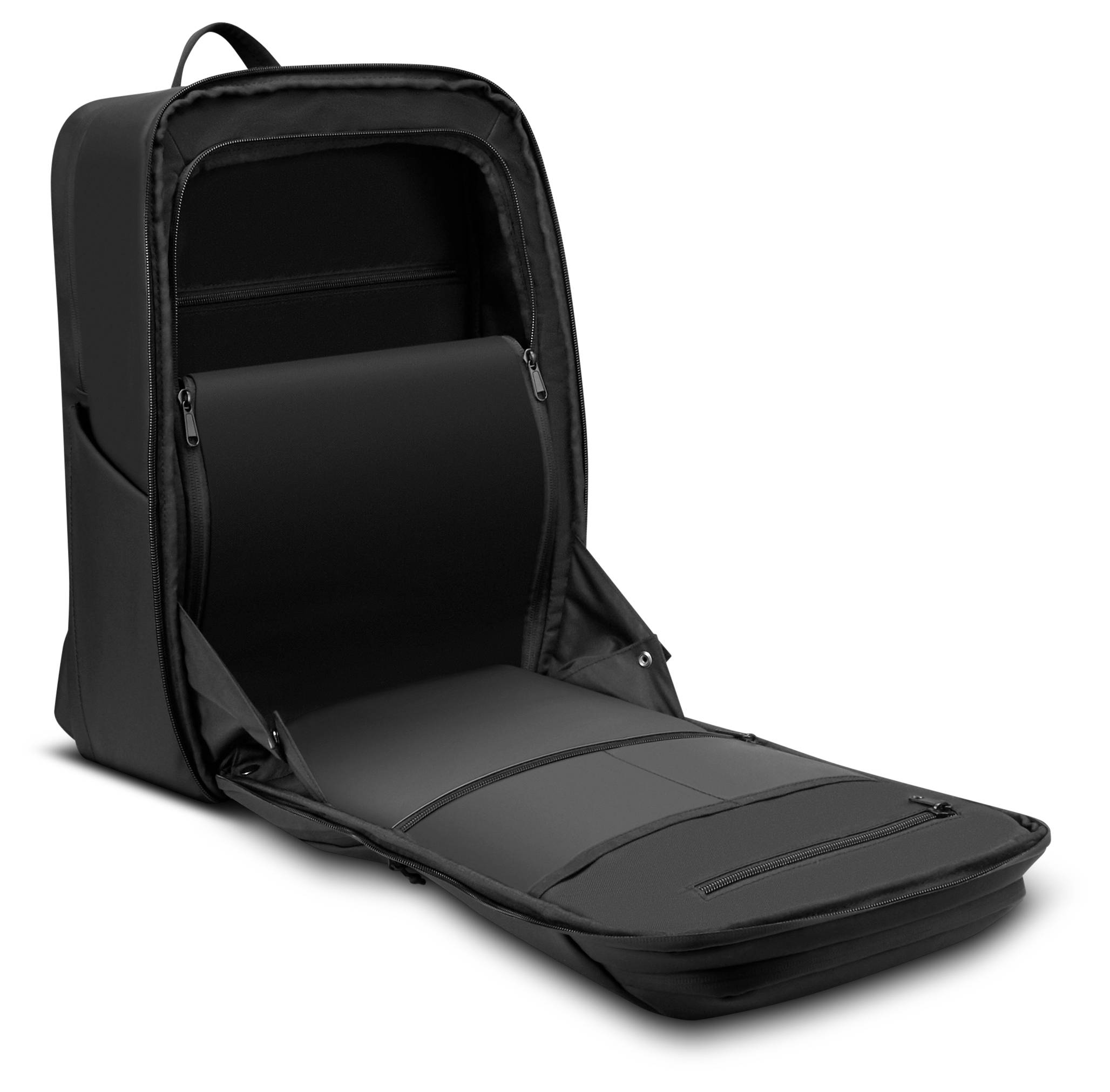Ein schwarzer Rucksack ist geöffnet und zeigt mehrere Fächer, einschließlich eines Laptopfachs und Stauraummöglichkeiten.