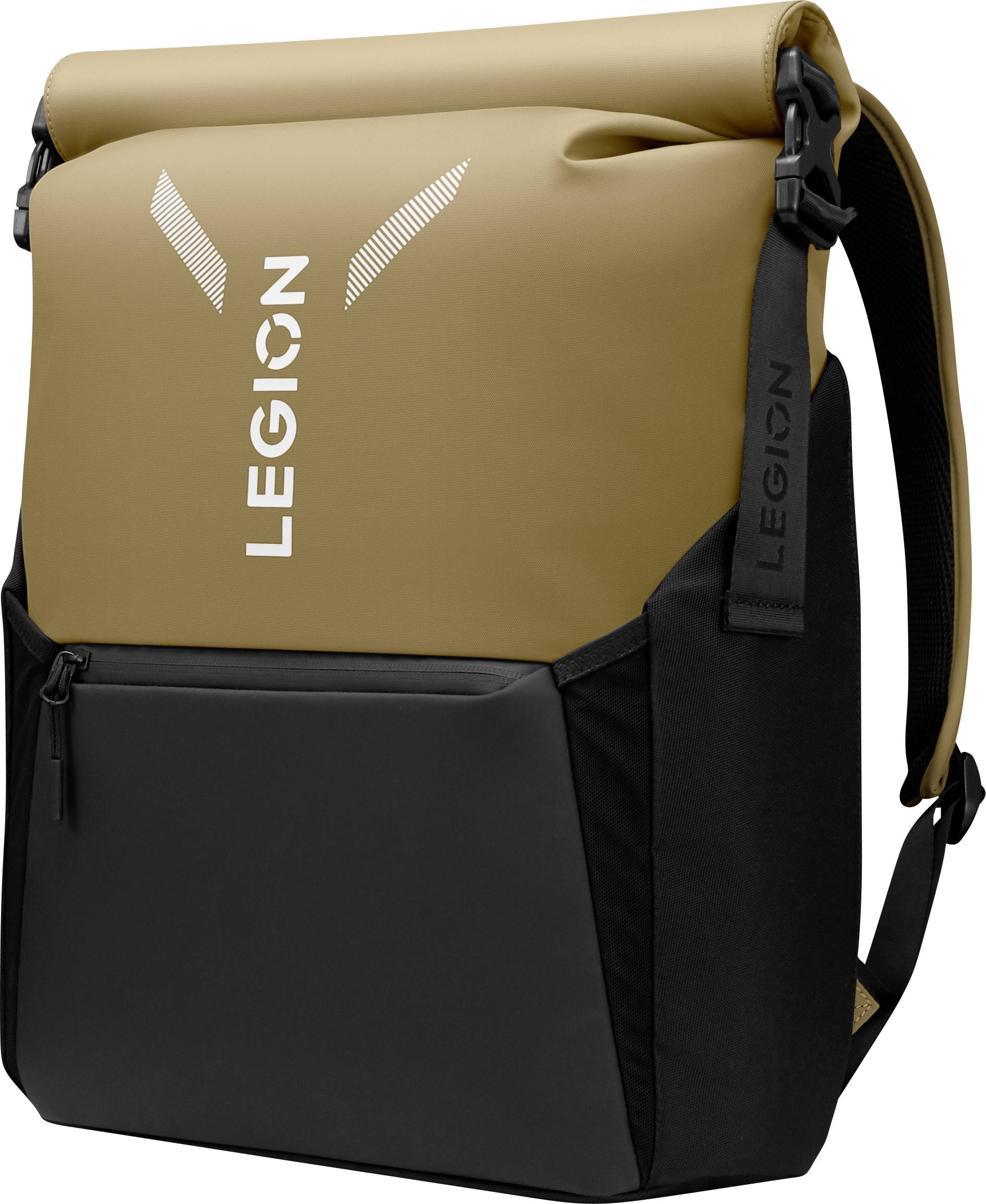 Ein beige und schwarzer Rucksack mit dem Markenlogo 'Legion' darauf, ausgestattet mit einem Rollverschluss und einer Fronttasche, von links schräg präsentiert.