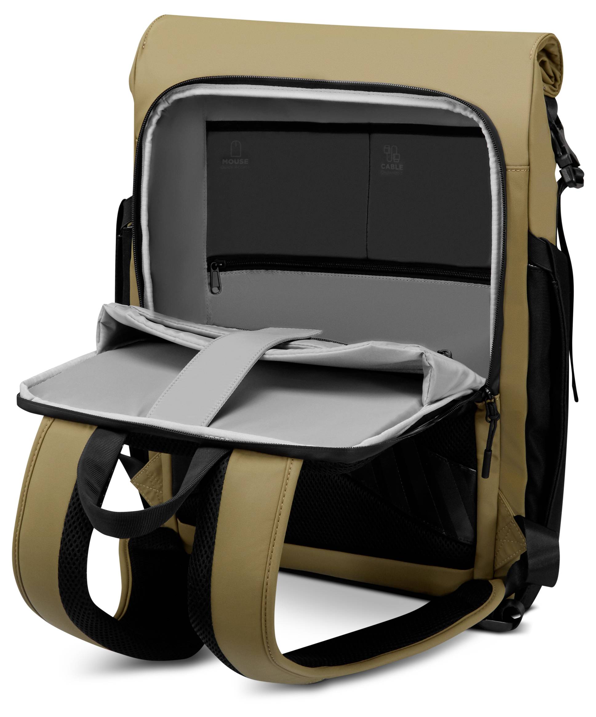 Ein beiger Rucksack ist geöffnet, um ein gepolstertes Laptopfach mit zwei Trennwänden und einem separaten Abschnitt für Zubehör innerhalb der Klappe zu zeigen.