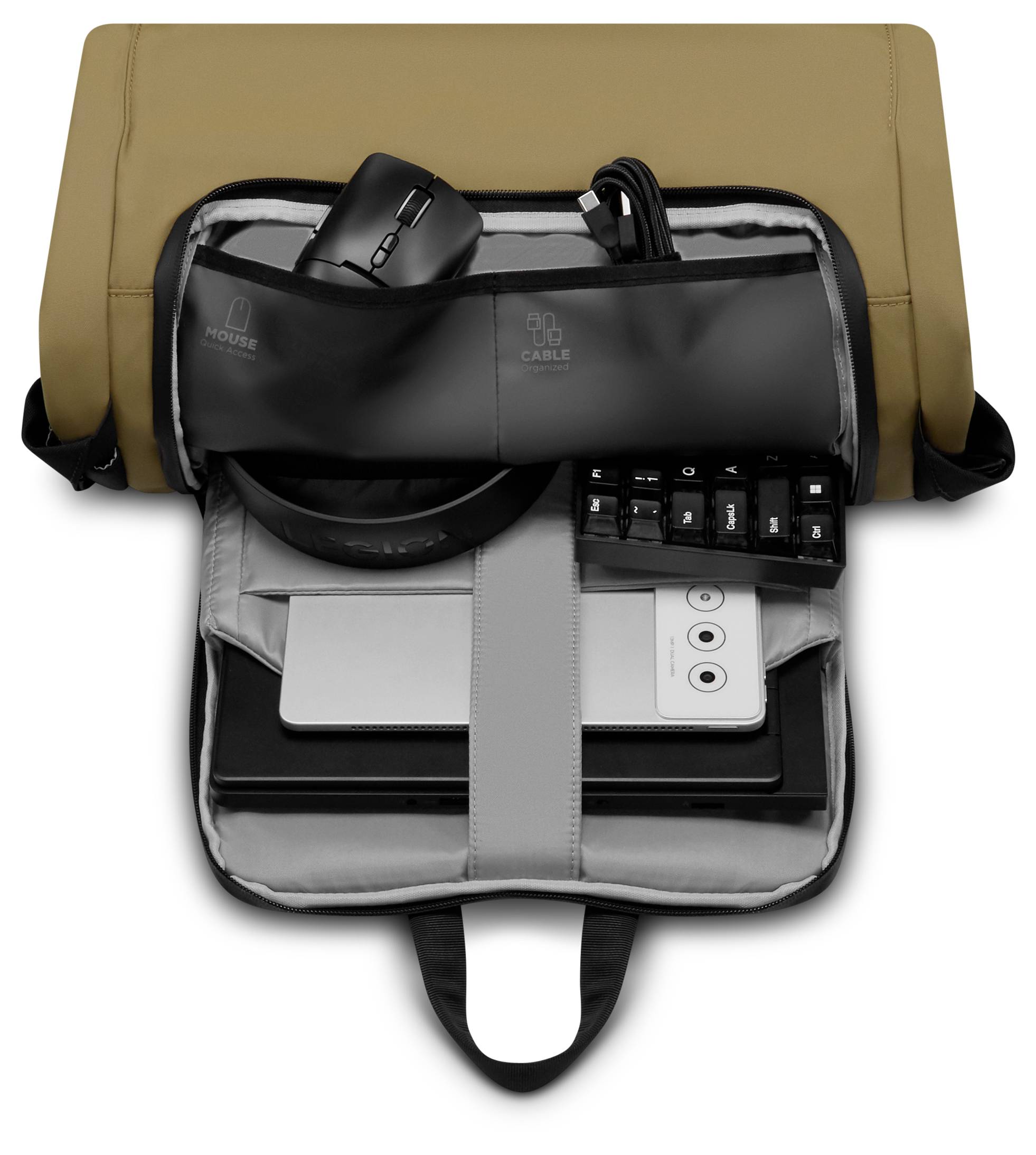 Ein offener Rucksack, der ein sorgfältig organisiertes Innenleben mit einem Laptop, Tablet, Maus, Kabeln und Kopfhörern zeigt und die Lagerkapazität hervorhebt.