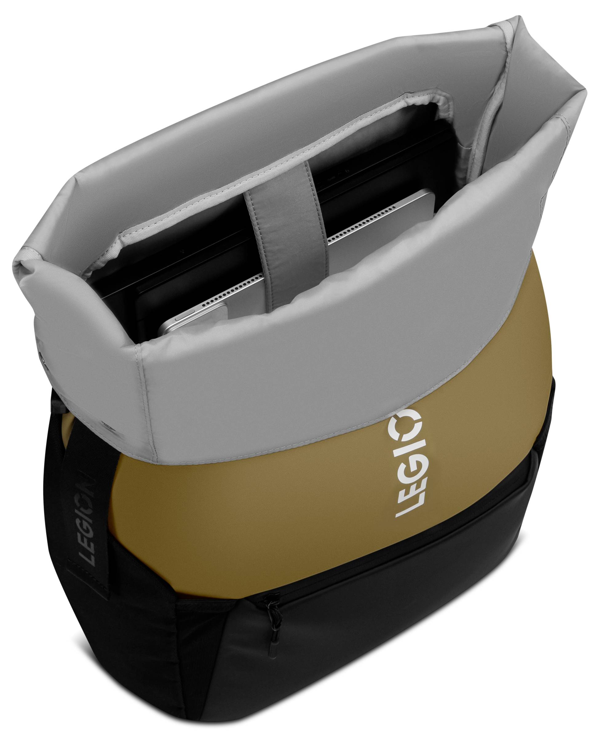 Ein zweifarbiger Rucksack, halb geöffnet, zeigt ein gepolstertes Laptopfach und ein Tablet im Inneren. Der Text 'LEGION' ist auf der Vorderseite sichtbar.