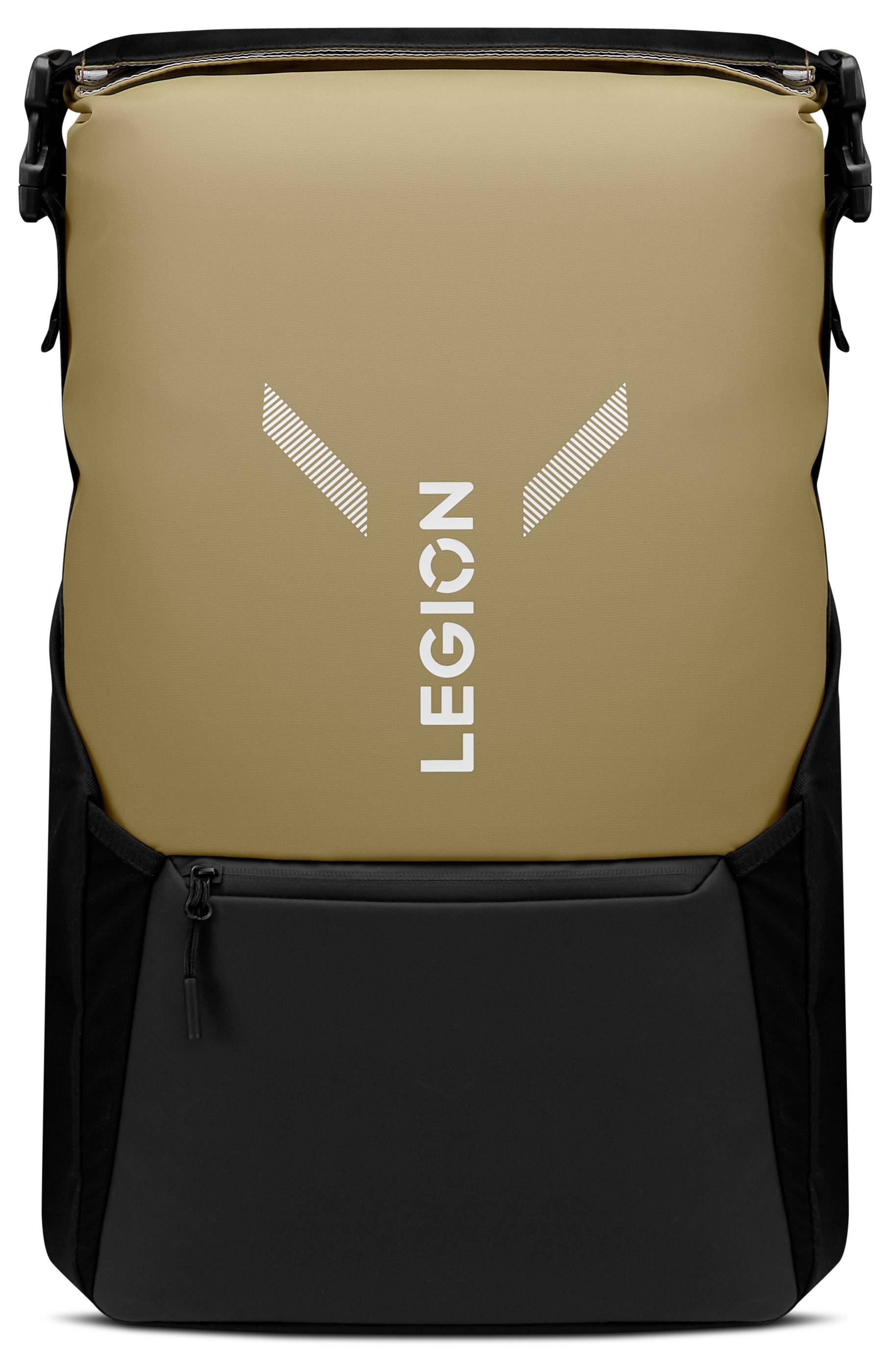 Ein beige-brauner und schwarzer Rucksack mit dem Aufdruck 'LEGION' auf der Vorderseite, ausgestattet mit einer Reißverschlusstasche am unteren Ende.