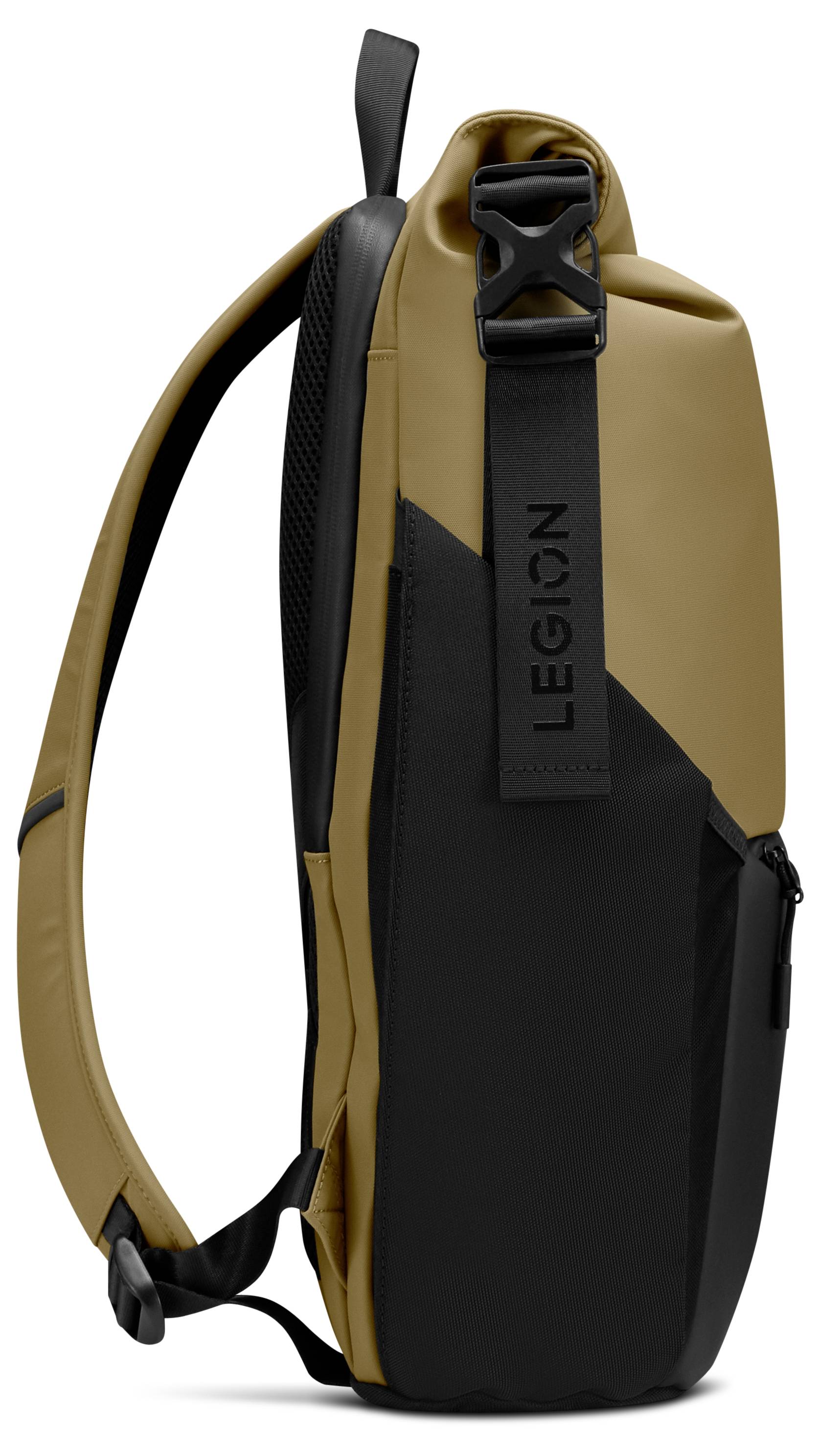 Ein beige-schwarzer Rucksack mit verstellbaren Trägern, Seitentasche und 'LEGION'-Aufdruck, konzipiert für Funktionalität und Stil.