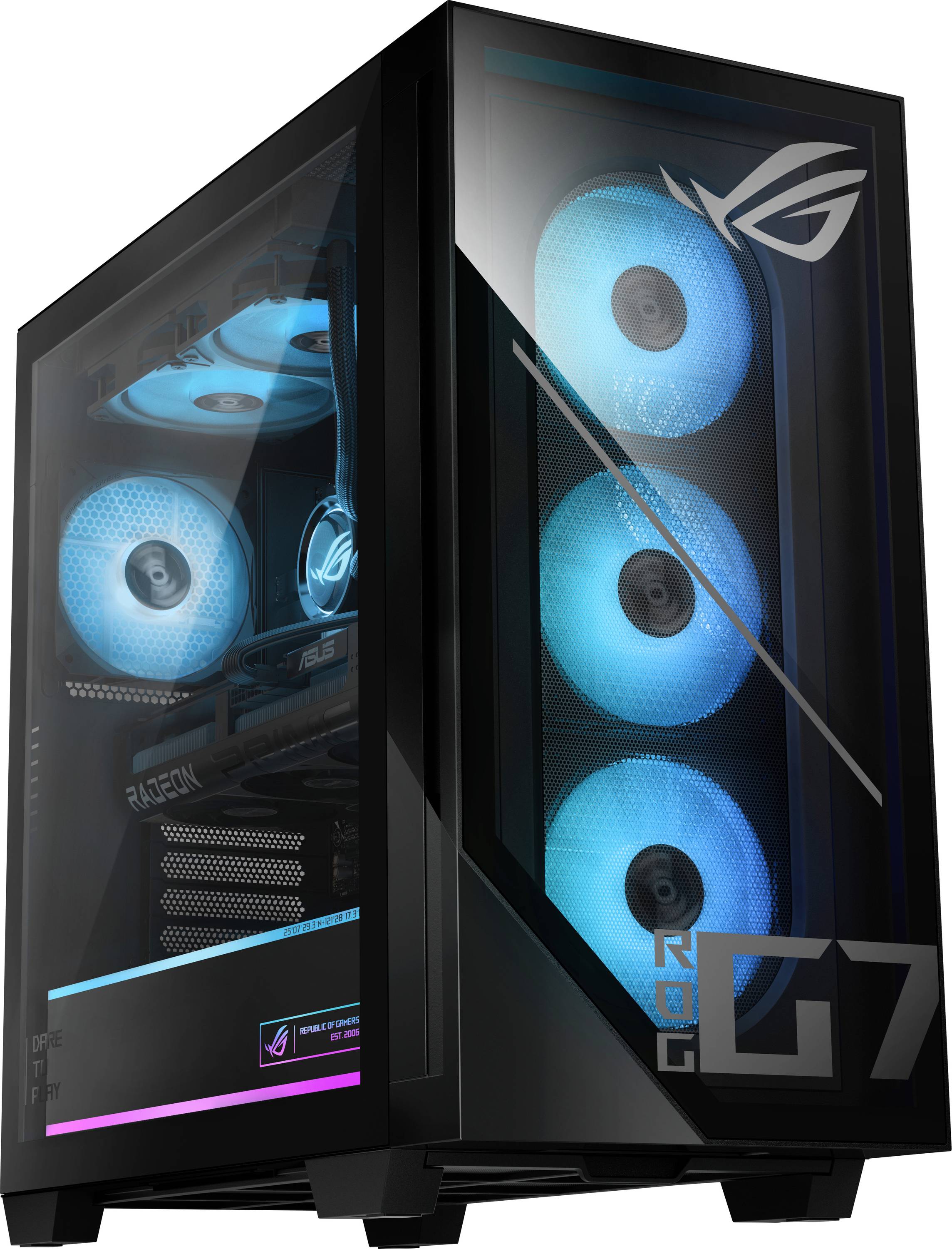 Ein Gaming-PC-Gehäuse mit RGB-Beleuchtung, ausgestattet mit coolen blauen Lüftern und dem 'ROG'-Logo auf dem Frontpanel, das ein elegantes Design präsentiert.