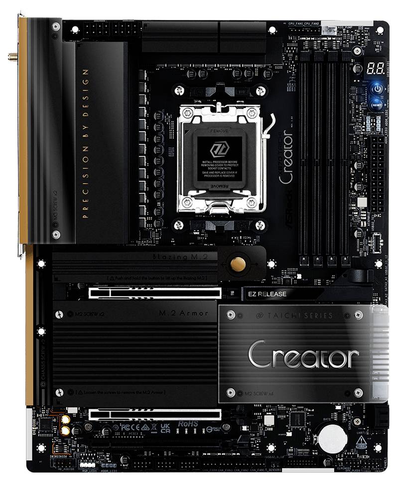 Eine Mainboard mit verschiedenen beschrifteten Komponenten, darunter RAM-Steckplätze, CPU-Sockel und Schnittstellen für Speichergeräte. Markenetiketten beinhalten 'Creator'.