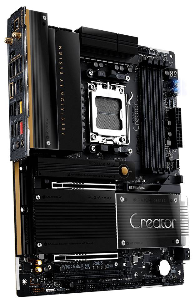 Eine High-End-Motherboard, die für Kreative entwickelt wurde, mit mehreren Anschlüssen, fortschrittlicher Kühlung, großen Kühlkörpern und einem eleganten schwarz-silbernen Design.