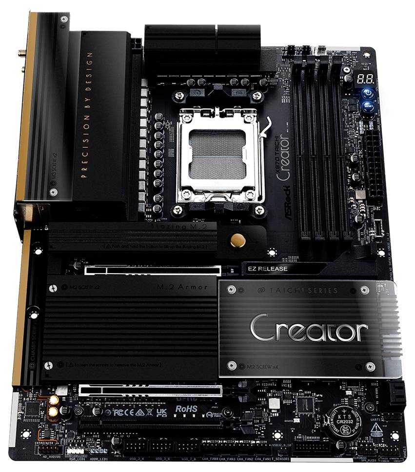'ASRock Creator' Motherboard mit einem Sockel für den CPU, mehreren RAM-Steckplätzen, M.2-Befestigungen und verschiedenen Anschlüssen auf einer schwarzen Leiterplatte.