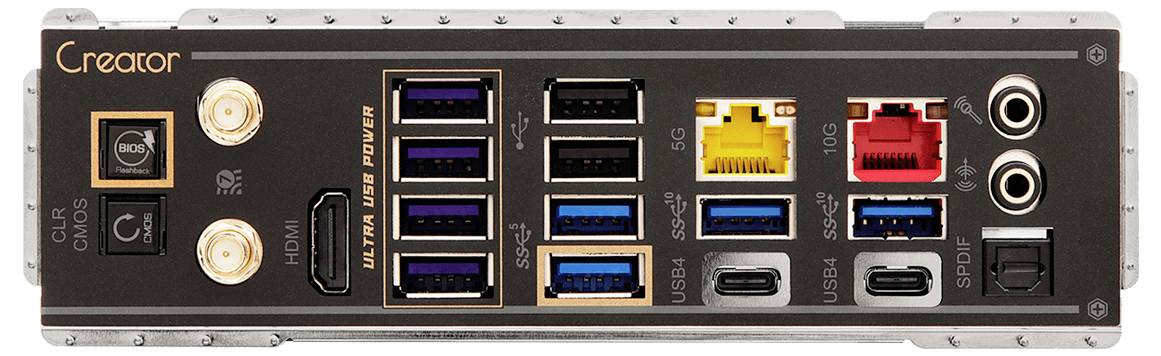 Rückseite einer Mainboard-Platine, beschriftet mit 'Creator', mit verschiedenen Anschlüssen: USB, Ethernet, Audio, HDMI und Ethernet-Geschwindigkeitsmarkierungen, die Konnektivitätsoptionen anzeigen.