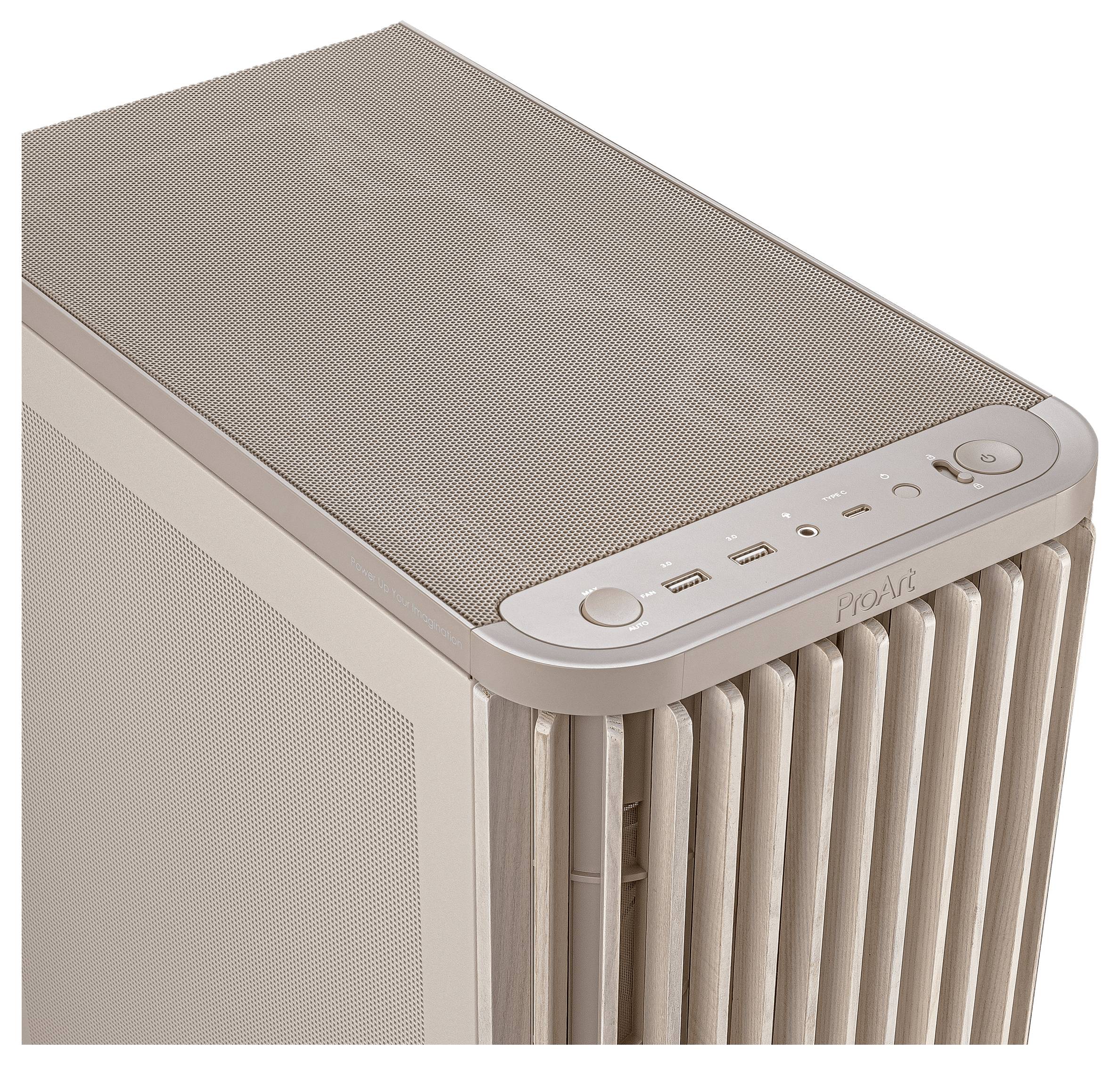 Ein beiger Desktop-Computerturm mit vorderen Lüftungsgittern und Oberfläche mit Einschalttaste, USB-Anschlüssen und weiteren Steuerungselementen.