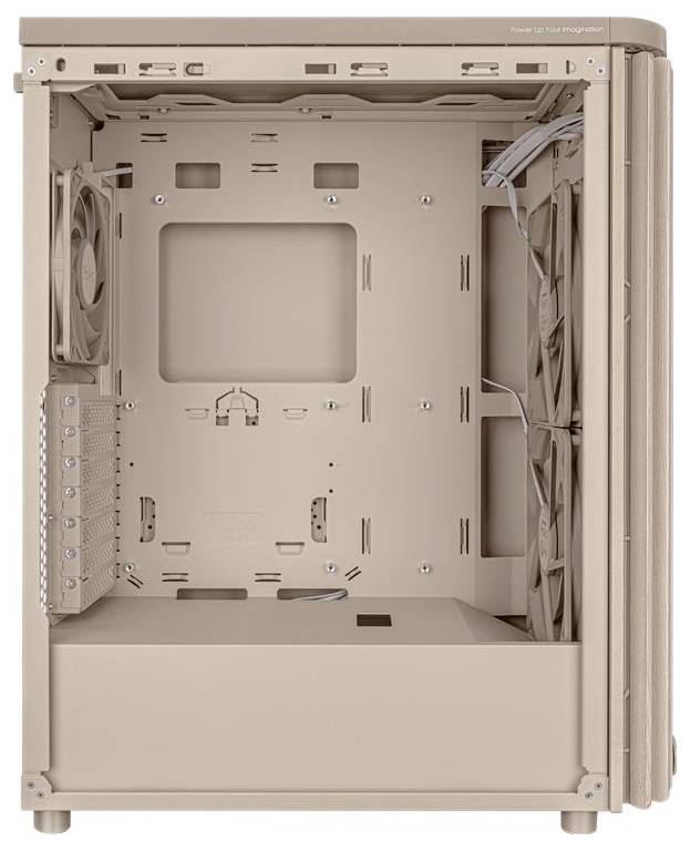 Ein großes, leeres beiges Computergehäuse mit mehreren Lüfterbefestigungsmöglichkeiten und Kabelmanagement-Funktionen, das für den Aufbau eines individuellen PCs konzipiert ist.