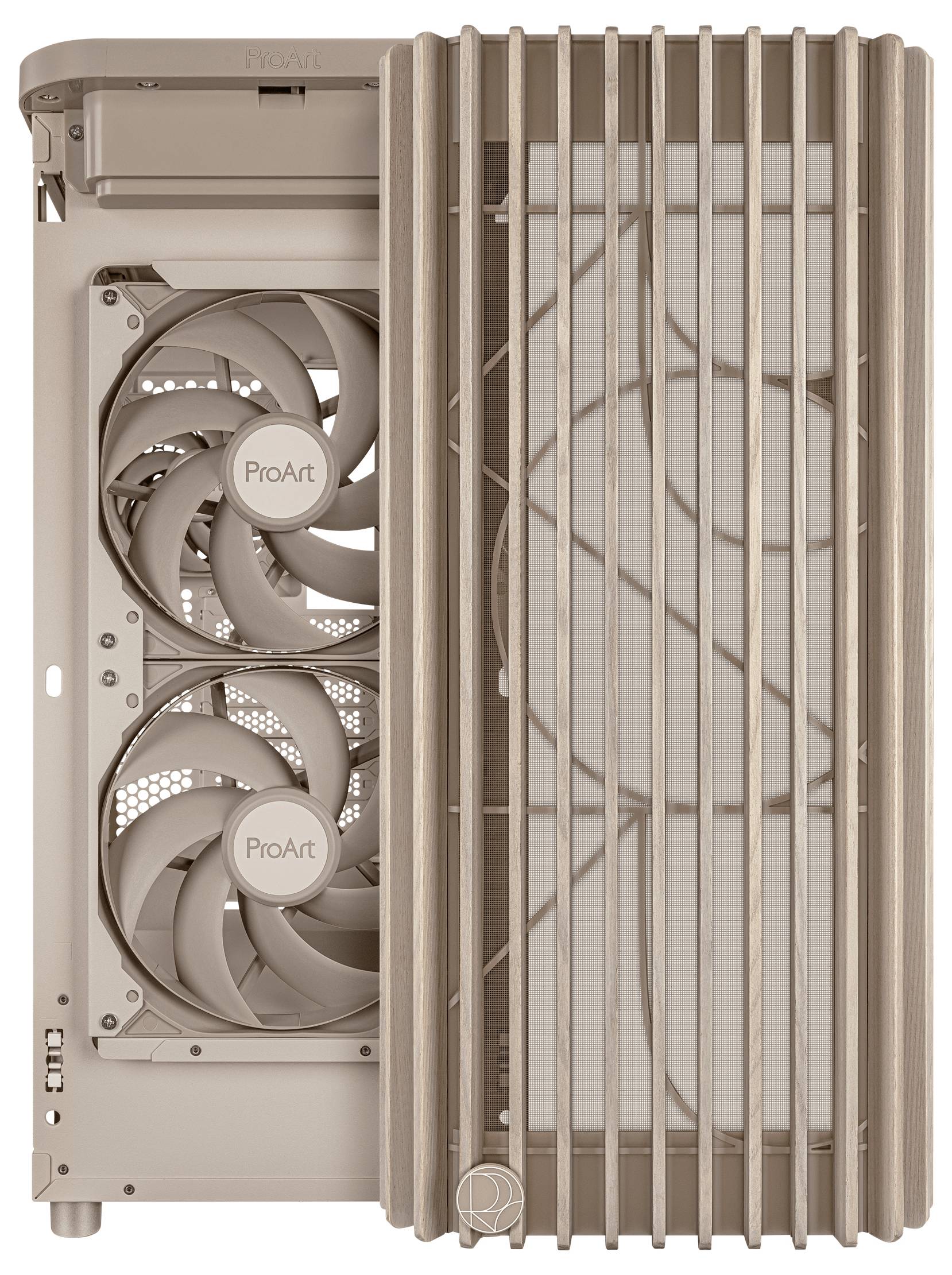 Ein beiger Computergehäuse mit einem teilweise entfernten Frontgitter, das zwei Kühlventilatoren mit der Aufschrift 