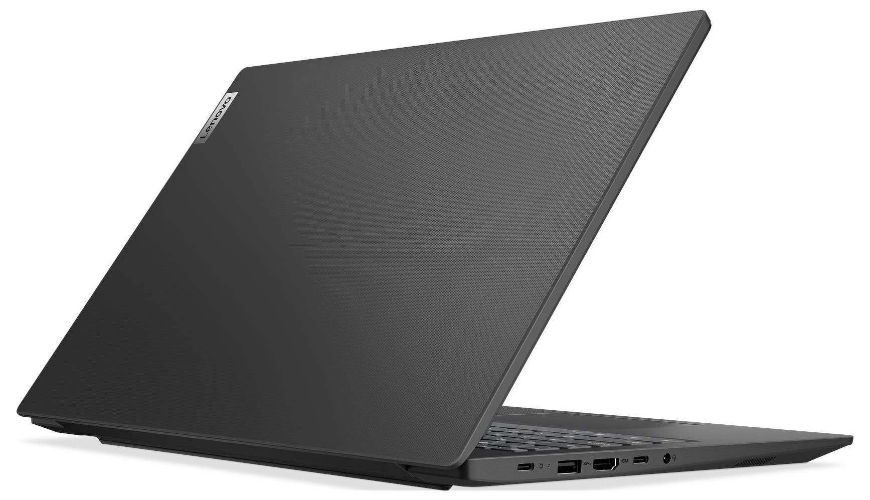 Ein schwarzer Laptop, teilweise geöffnet, von der linken Seite mit verschiedenen Anschlüssen, auf einem einfarbigen weißen Hintergrund.