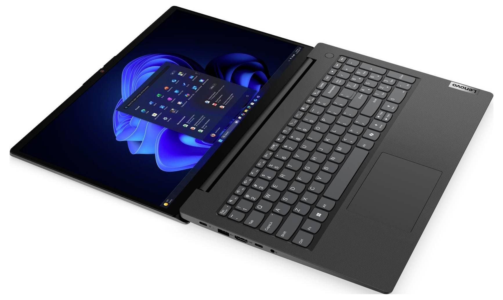 Ein Lenovo-Laptop ist geöffnet und zeigt die Windows-11-Benutzeroberfläche mit dem Startmenü und der Taskleiste vor einem blauen Hintergrund.